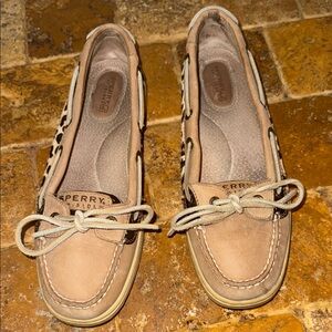Sperry Tan Loafers with Moccasin Stitching, animal, print and Rubber Soles